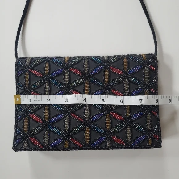 Beaded Geometric Pattern Dressy Purse Evening Bag Black and Jewel Tones. - Picture 9 of 10